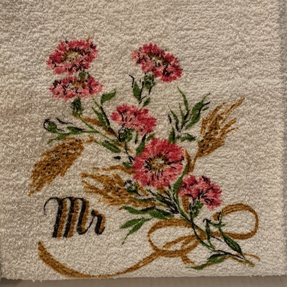 Mr and Mrs Canon Hand Towel Floral Print Fringe Set Vintage MCM Made in USA NOS - Picture 3 of 5